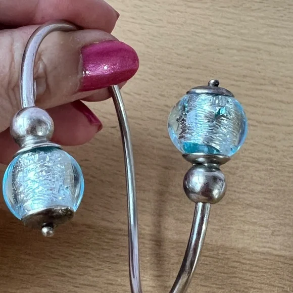 VINTAGE STERLING SILVER COIL WRAP CUFF BRACELET FROSTED AQUA BLUE MURANO GLASS - Picture 16 of 16